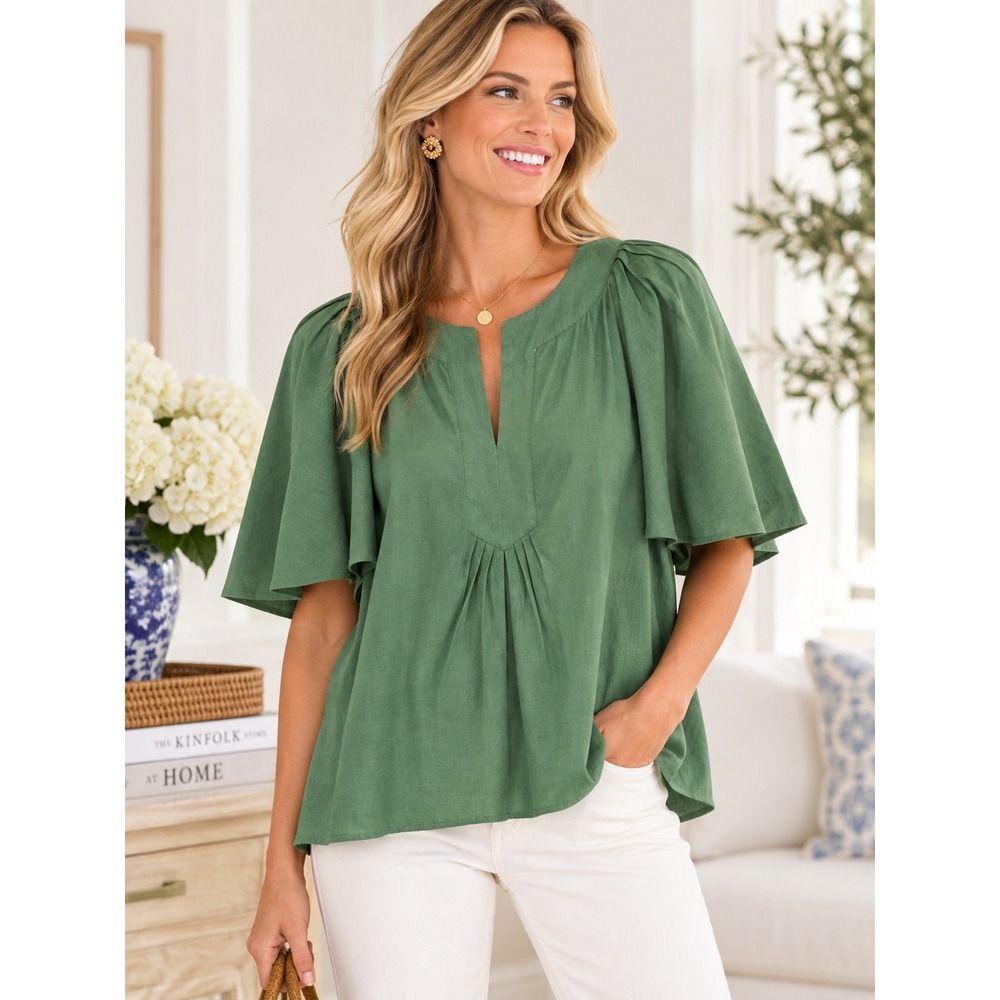 Tuckernuck Pomander Place Green Finley Cotton Flutter Sleeve Blouse ($108) XS